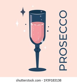 Glass With Sparkling Prosecco Wine On A Pink Background. Vector Image