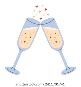 Glass of sparkling. Romantic design element. Sticker for Valentines day. Hand drawn isolated.