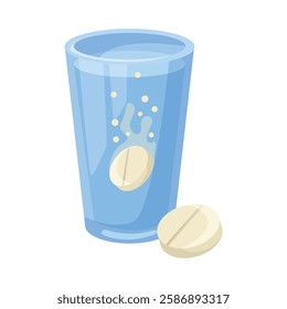 Glass with Sparkling Tablet as Cold and Flu Treatment Vector Illustration