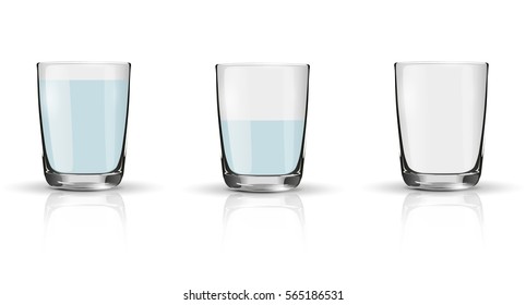 Glass Of Sparkling Water, Half Full Glass And Empty Glass. Illustration Isolated On White