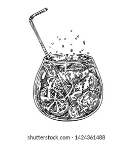 Glass of sparkling water with slice of lemon, ice cubes and straw. Sketch. Engraving style. Vector illustration.