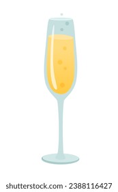 Glass of sparkling wine cartoon vector illustration. Tall goblet with champagne or isolated on white background. Celebrations with toasts and cheering. Wedding, anniversary, party, menu concept.