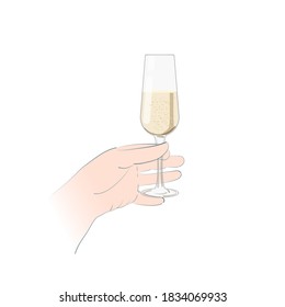 Glass of sparkling wine in hand. Vector image of champagne in a glass and a hand with a glass isolated on a white background.
