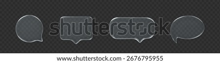 Glass speech bubble 3d icon set on dark transparent background. Message cloud vector object