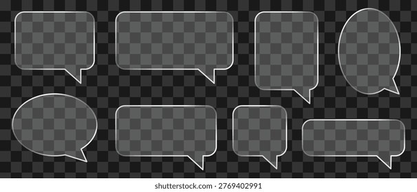Glass speech bubble set. Translucent speech bubble.  Transparent glass button with glossy frame and liquid effect. Modern UI element featuring. Transparent glass morphism speech bubbles set .