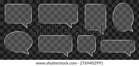 Glass speech bubble set. Translucent speech bubble.  Transparent glass button with glossy frame and liquid effect. Modern UI element featuring. Transparent glass morphism speech bubbles set .