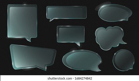 Glass speech bubbles different shapes isolated on transparent background. Vector realistic set of clear acrylic thought clouds for chat dialog, social communication, message or quote