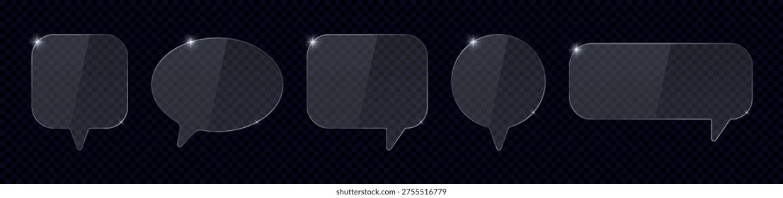 Glass speech bubbles on transparent background. Set of glass communication bubbles or chat icons. Acrylic or plexiglass blank template of quick tips or message box with light reflections. Vector.
