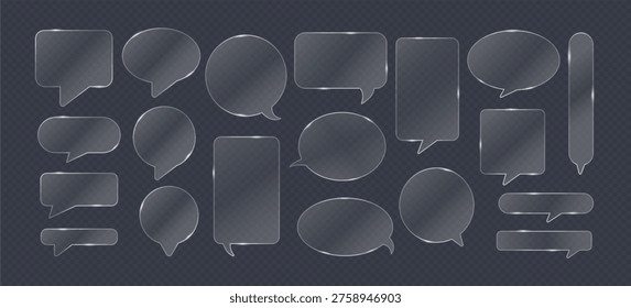 Glass speech button. Translucent speech bubble. Transparent glassmorphism UI UX frame, text and dialogue box. Glass elements for interface menu. Vector set.
