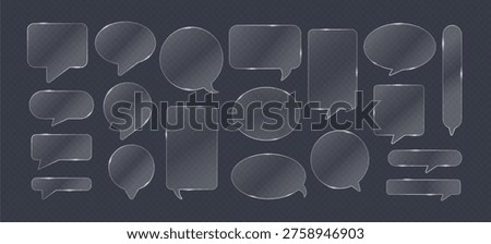 Glass speech button. Translucent speech bubble. Transparent glassmorphism UI UX frame, text and dialogue box. Glass elements for interface menu. Vector set.