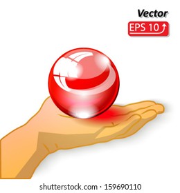glass sphere,  ball red on open palm hand gesture of hand, isolated on white background vector
