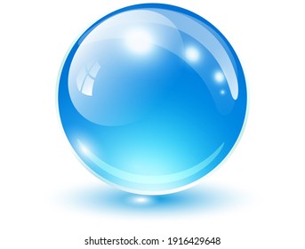 Glass sphere blue, vector shiny icon ball.