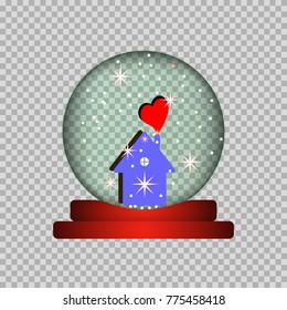 A glass sphere is depicted, inside the house, hearts, snow, stars. On the red stand.