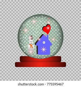A glass sphere is depicted, inside is a snowman, a house, a heart, stars, snow, on a red stand.