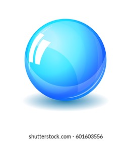 Glass sphere, realistic vector illustration. Blue glossy ball with reflections and shadow isolated on white background