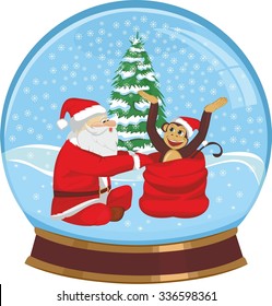 Glass sphere with Santa Claus and monkey