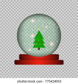 A glass sphere is shown inside a spruce, snow, stars, on a red stand.