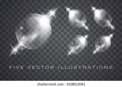 Glass spheres of glowing lights effects isolated on transparent background, abstract magic Illustrations
