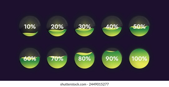 Glass spheres with reflections on a dark background with a bright liquid inside show progress from 10 to 100 percent depending on how full the sphere is.