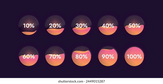 Glass spheres with reflections on a dark background with a bright liquid inside show progress from 10 to 100 percent depending on how full the sphere is.