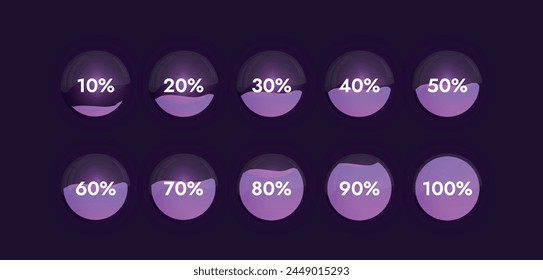 Las esferas de vidrio con reflejos sobre un fondo oscuro con un líquido brillante en su interior muestran un progreso del 10 al 100 por ciento dependiendo de lo llena que esté la esfera.