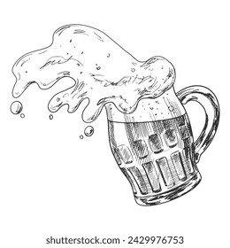 Glass of spilled beer. Pint glassware. Oktoberfest vector illustration. Sketch style mug of foaming beer. Engraved illustrations for pub menu.