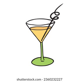Glass with spiral toothpick decoration, hand drawn outline illustration. Luxury yellow drink in transparent cup and some detail serve as a simple object logo decoration. Fresh liquid in cocktail glass