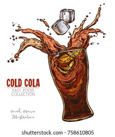 Vidrio con salpicaduras de Cola y cubos de hielo, bebida fría de refresco. Dibujo hecho a mano de la clásica bebida de comida rápida. Imagen colorida para menú, publicidad, banners. Vector aislado en fondo blanco