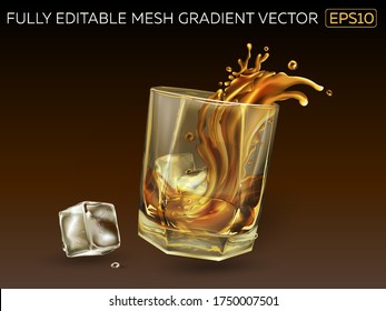 Glass with a splash of whiskey and ice cubes.