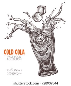 Glass with splashed cola and ice cube, hand drawn sketch in old engraving style. Fast food drink, lemonade or water. Monochrome image for menu, advertising, banners. Vector illustration on white