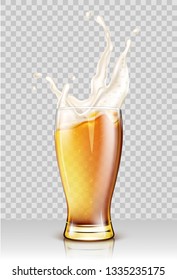 Glass with splashing beer isolated on transparent background