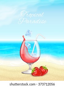 Glass with splashing strawberry cocktail and ice cubes on a tropical beach.  EPS10 vector.