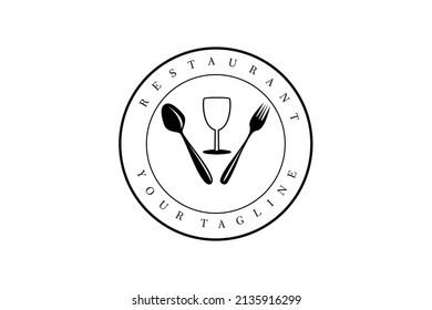 Glass with Spoon Fork Knife for Restaurant Bar Bistro Vintage Retro Logo design