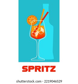 A glass of Spritz cocktail with a slice of orange flat vector illustration 