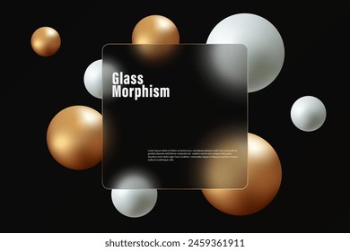 Glass square banner made of clear frosted glass with gold and white spheres on a black background. Landing page, background.