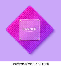 Glass square banner on the background of the striped plate in the shape of a rhombus. Layered background square shapes with color neon gradient. Design elements for celebrating card, promo flyer