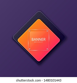 Glass square banner on the background of the plate in the shape of a rhombus. Layered background square shapes with color gradient gradients. Design elements for celebrating card, promo flyer.