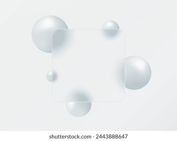 Banner cuadrado de vidrio con efecto de superposición de vidrio con bolas 3D en color plata en estilo de morfismo de vidrio.
