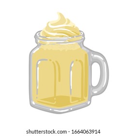 Glasquadratische Tasse Milchshake mit Vanille- oder Bananengeschmack und mit Sahne auf der Oberseite. Seitenansicht. Vektorillustration als Einzelgetränk