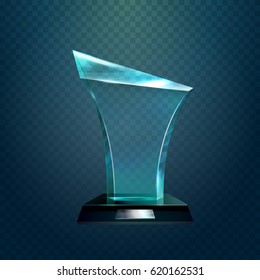 Glass Square Cup Or Transparent Glassware Trophy Award, Prize Or Achievement Glossy Crystal. Championship And Leadership, Sport Sign Or Success Symbol, Champion Or Winner Ceremony Theme