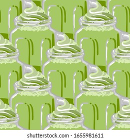 Glass square cups of matcha milkshakes, coffee or tea with whipped cream on the top. Side view. Vector repeated seamless pattern