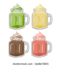 Tazas cuadradas de vidrio de batidos o café con crema batida en la parte superior. Sabores de Matcha, fresa, chocolate y vainilla. Vista lateral. Colección aislada de bebidas por vectores