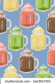 Glass square cups of milkshakes with whipped cream on the top. Matcha, strawberry, vanilla, chocolate or coffee tastes. Side view. Vector repeated seamless pattern