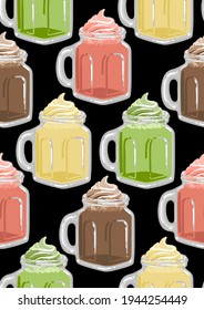 Glass square cups of milkshakes with whipped cream on the top. Matcha, strawberry, vanilla, chocolate or coffee tastes. Side view. Vector repeated seamless pattern