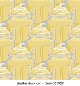 Glass square cups of vanilla or banana milkshakes with whipped cream on the top. Side view. Vector repeated seamless pattern