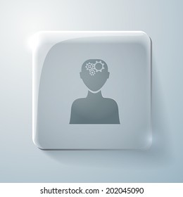 Glass square icon with highlights, man thinks, the gears in head
