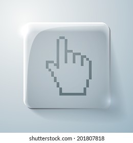 Glass square icon with highlights.  mouse hand cursor. pixel view