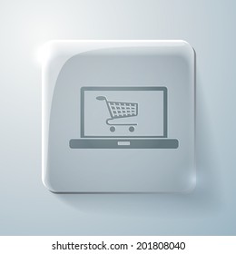 Glass square icon with highlights.  notebook with symbol shopping cart, shopping in Internet-shop