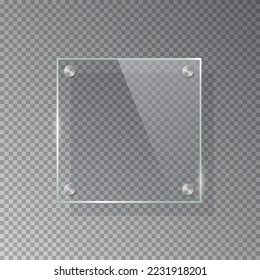 Glass square plate isolated on transparent background. Vector realistic acrylic frame with steel rivets.