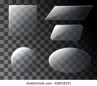 Glass square, rectangular and round buttons Vector modern transparent glass plates set on sample background. 